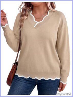 Plus Size Chunky Knit V-Neck Ruffle Pullover Sweater Loose Fit